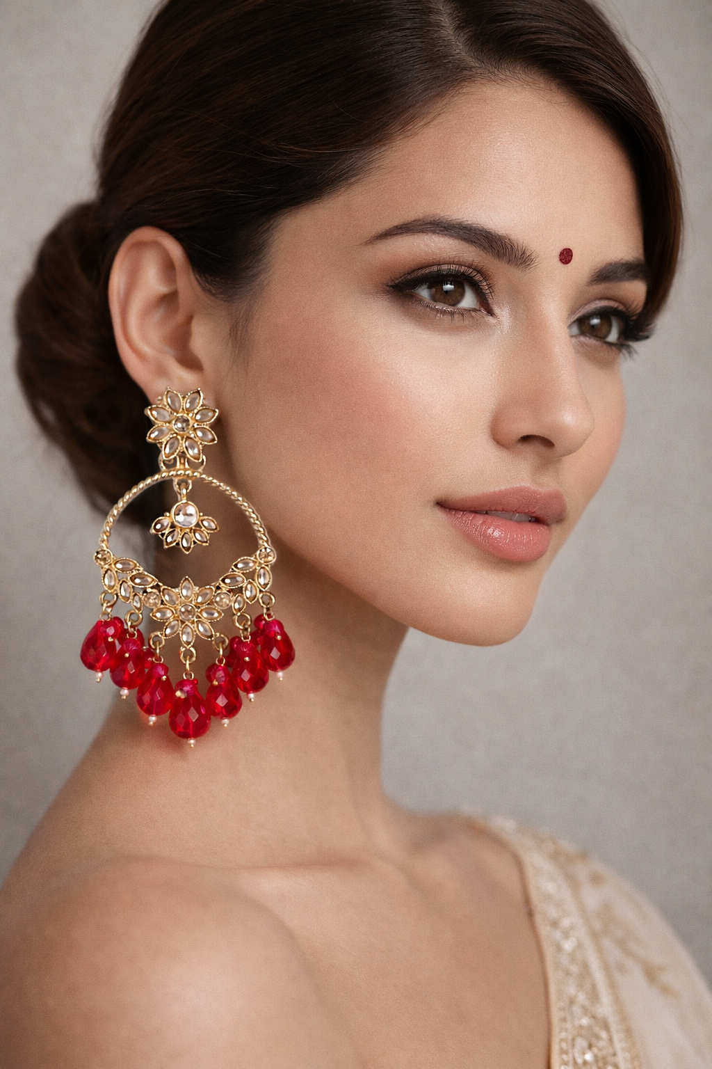 ruby red stone chandbali earrings with beads | anti tarnish party wear jhumka ruby red stone chandbali earrings with beads | anti tarnish party wear jhumka