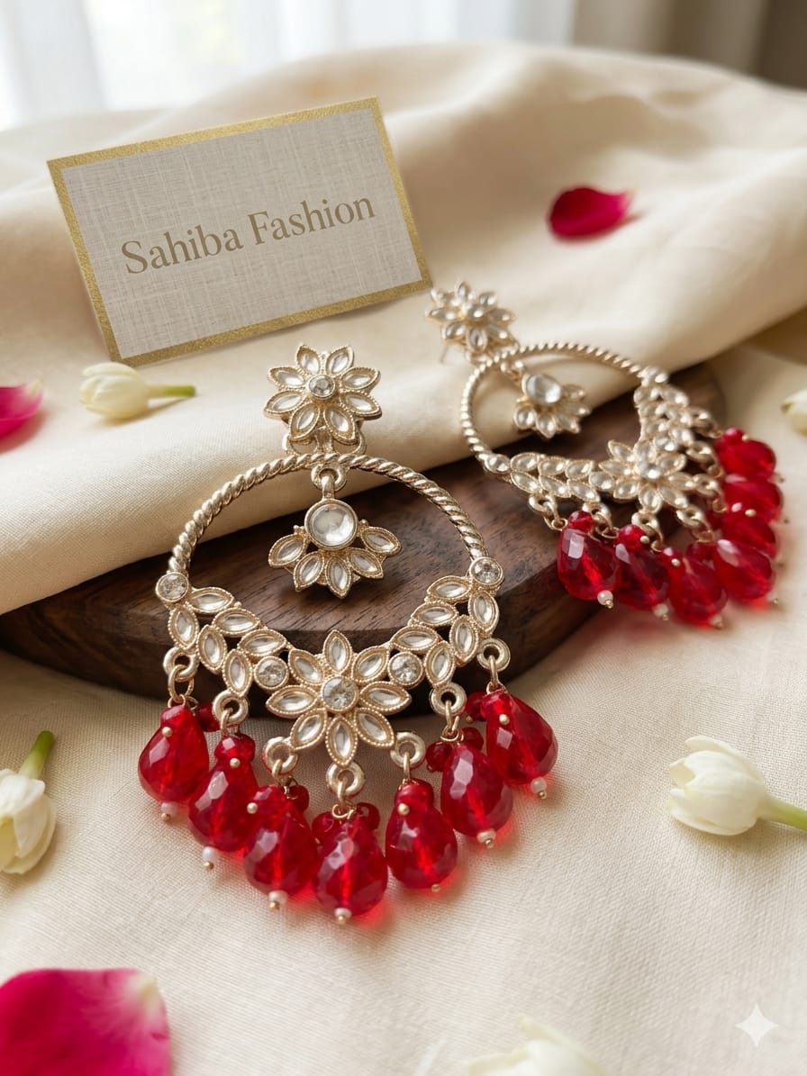 ruby red stone chandbali earrings with beads | anti tarnish party wear jhumka ruby red stone chandbali earrings with beads | anti tarnish party wear jhumka