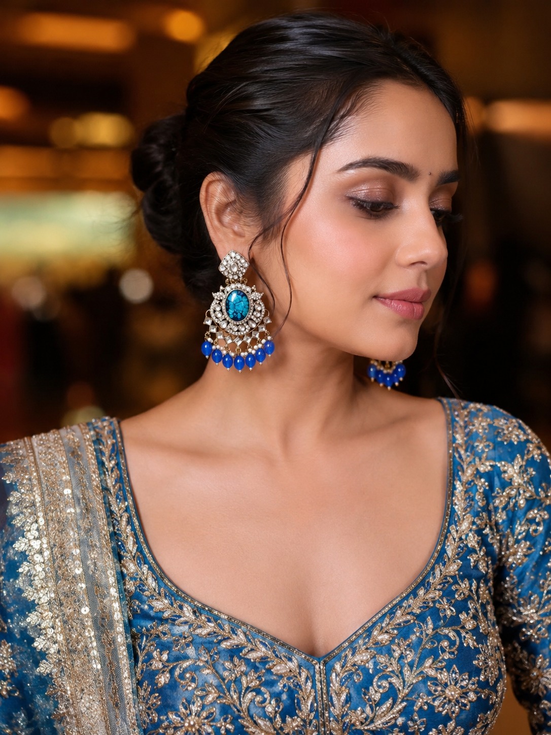 blue resin stone statement chandbali earrings with beads anti tarnish festive jhumka blue resin stone statement chandbali earrings with beads anti tarnish festive jhumka
