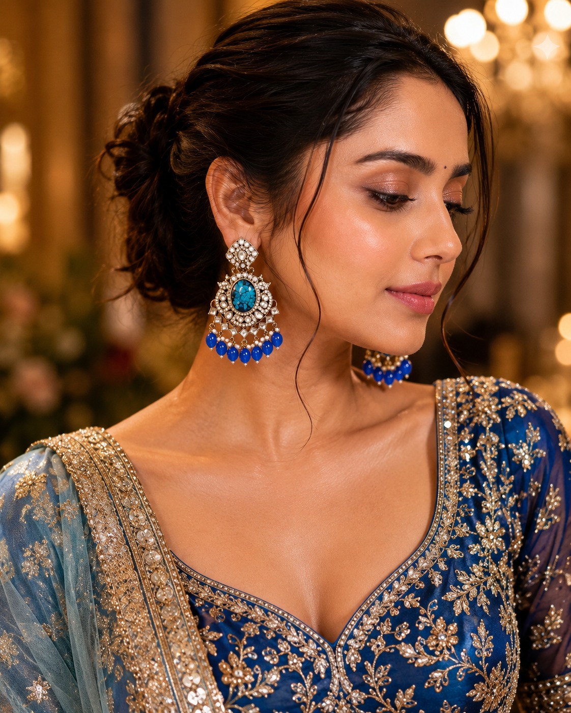 blue resin stone statement chandbali earrings with beads anti tarnish festive jhumka blue resin stone statement chandbali earrings with beads anti tarnish festive jhumka
