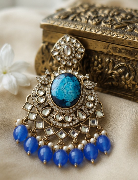 blue resin stone statement chandbali earrings with beads anti tarnish festive jhumka blue resin stone statement chandbali earrings with beads anti tarnish festive jhumka