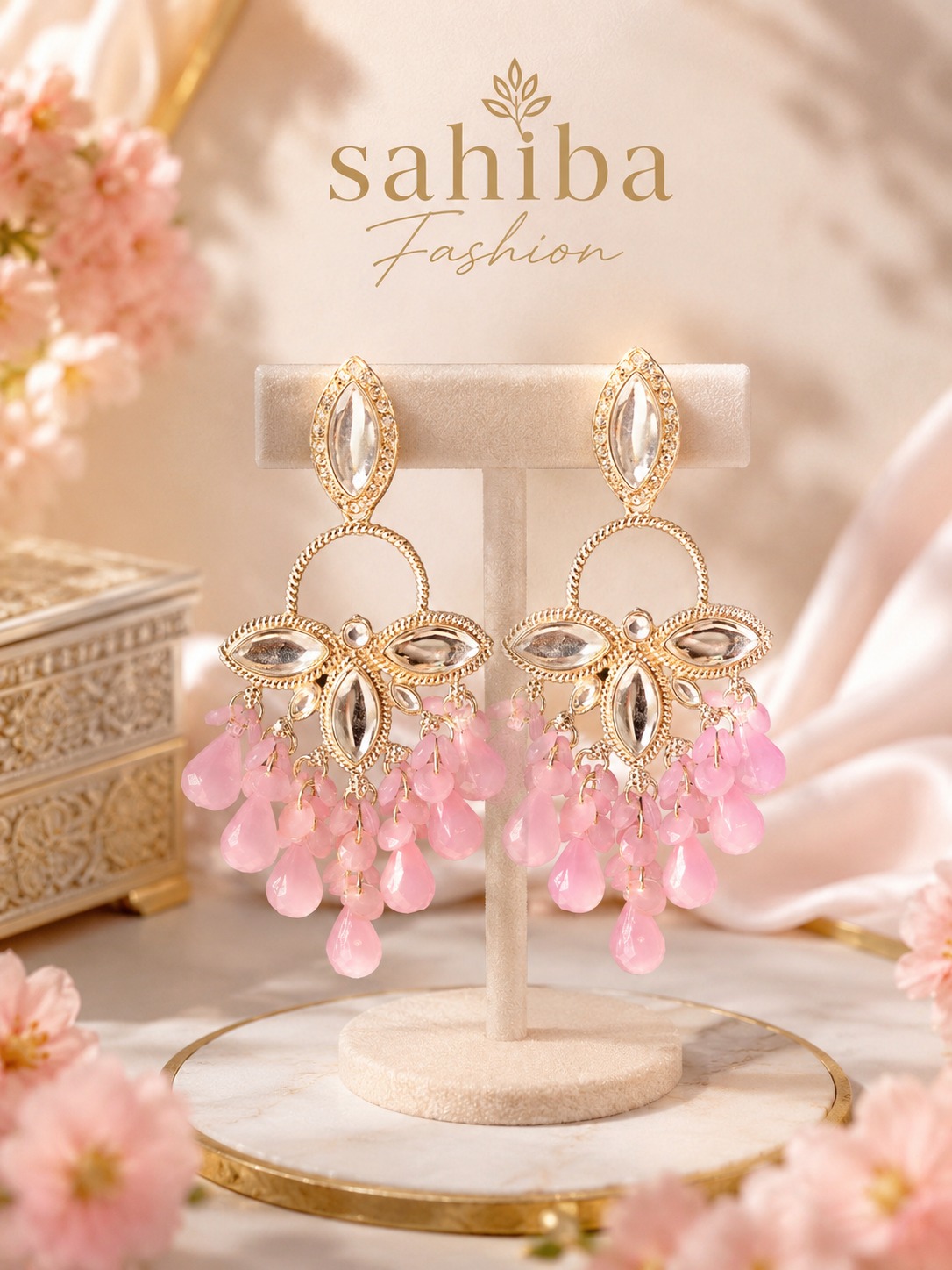 blush pink floral drop earrings with beads | anti tarnish party wear pink jhumka blush pink floral drop earrings with beads | anti tarnish party wear pink jhumka