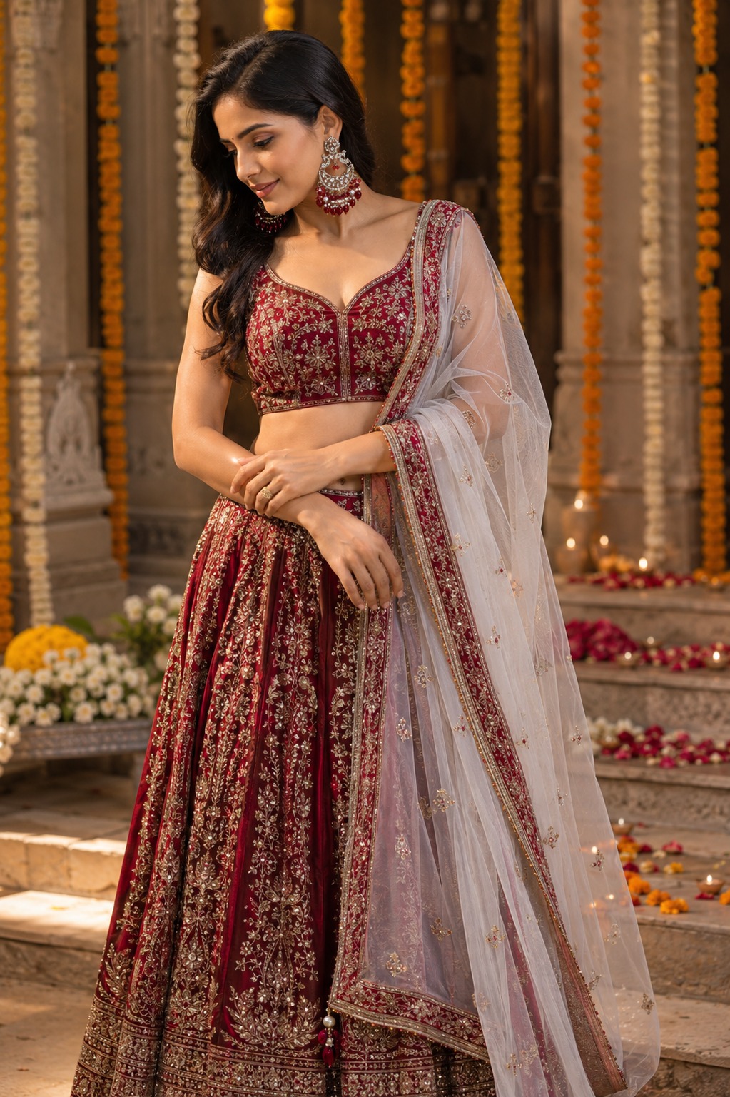 red pearl chandbali earrings with beads | anti tarnish festive statement jhumka Full-length shot of a woman posing in a heavily embroidered maroon velvet lehenga choli with a sheer white dupatta.