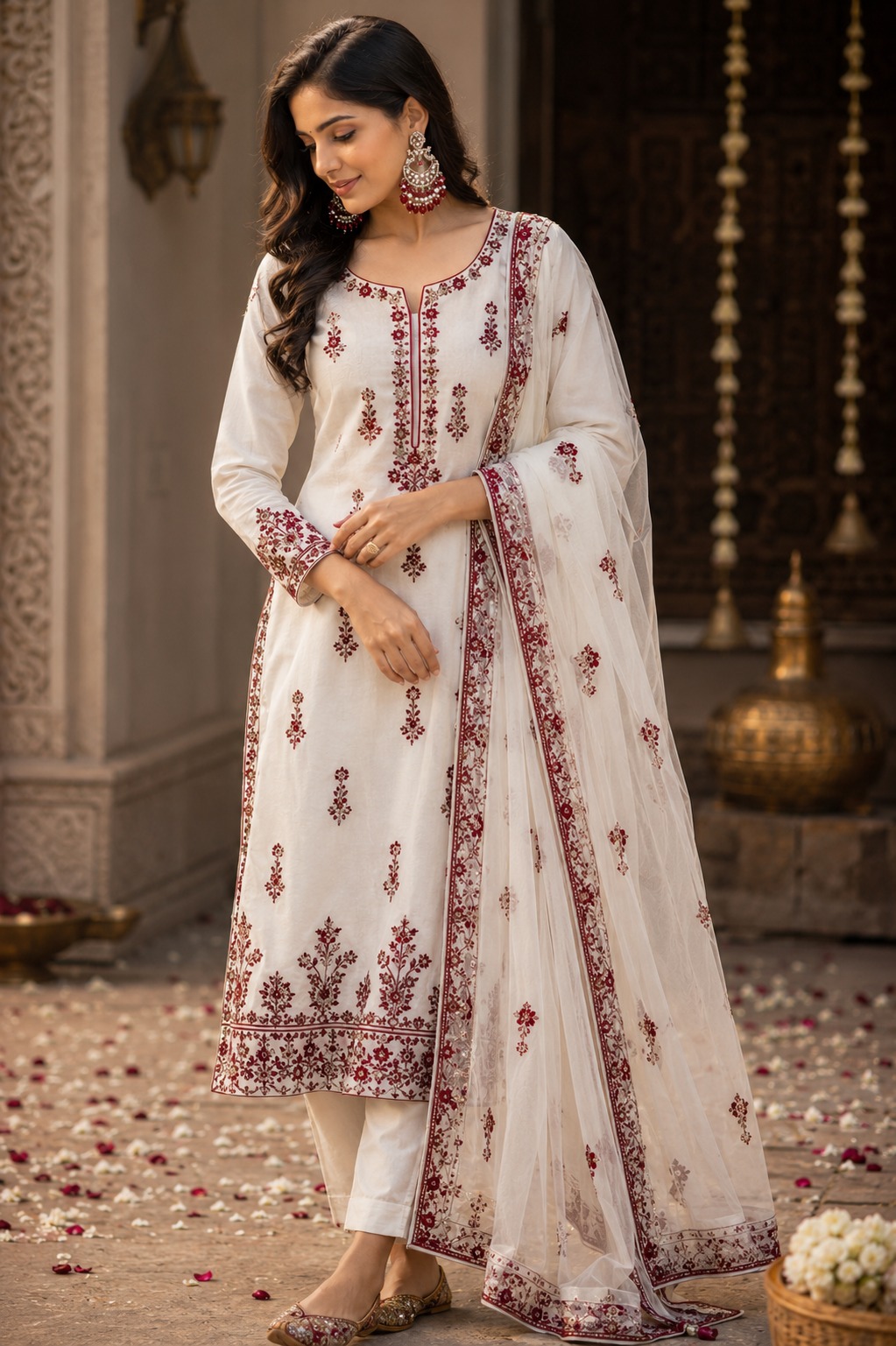 red pearl chandbali earrings with beads | anti tarnish festive statement jhumka A woman posing outdoors in an off-white cotton salwar kameez set with intricate maroon thread embroidery and a net dupatta.
