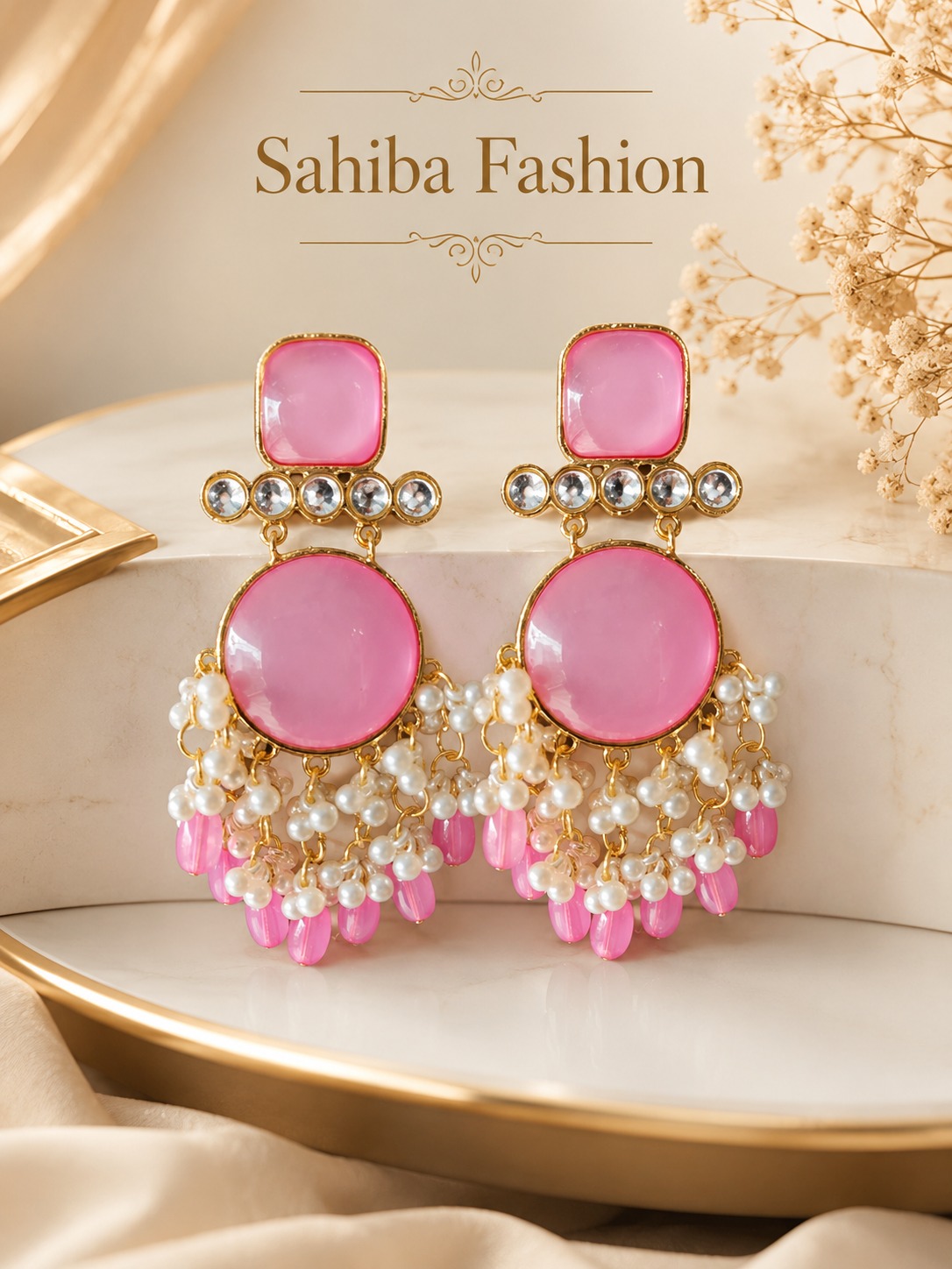 elegant pink stone pearl dangler earrings for women – traditional ethnic statement jewelry Elegant pink stone and pearl dangler earrings with gold-tone detailing, showcased in a luxury jewelry mockup by Sahiba Fashion.