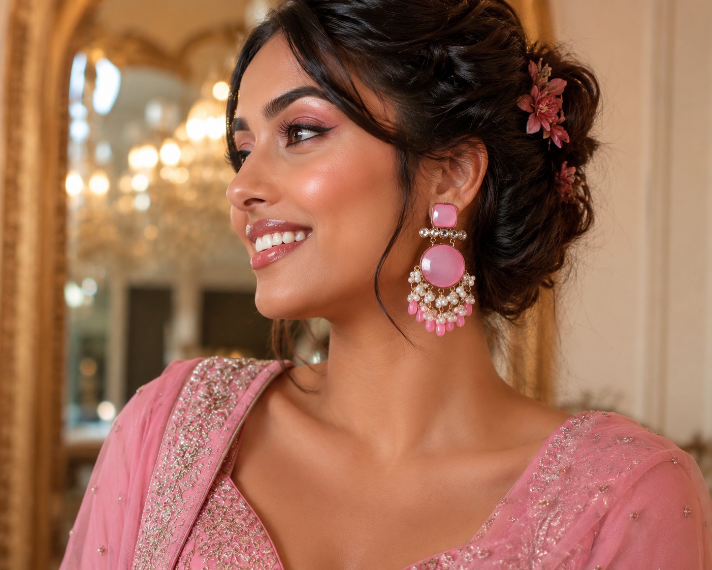 elegant pink stone pearl dangler earrings for women – traditional ethnic statement jewelry Indian model wearing pink stone and pearl dangler earrings with a stylish pink Indo-Western ethnic dress, featuring gold-tone detailing, pearl clusters, and pink gemstone accents.