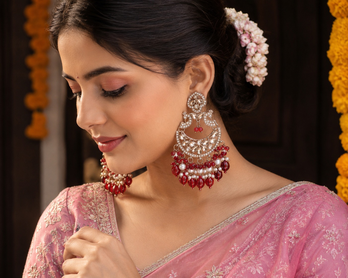 red pearl chandbali earrings with beads | anti tarnish festive statement jhumka Close-up of a smiling Indian woman wearing large silver-toned Chandbali earrings studded with pearls and red beads, paired with a pink embroidered saree.