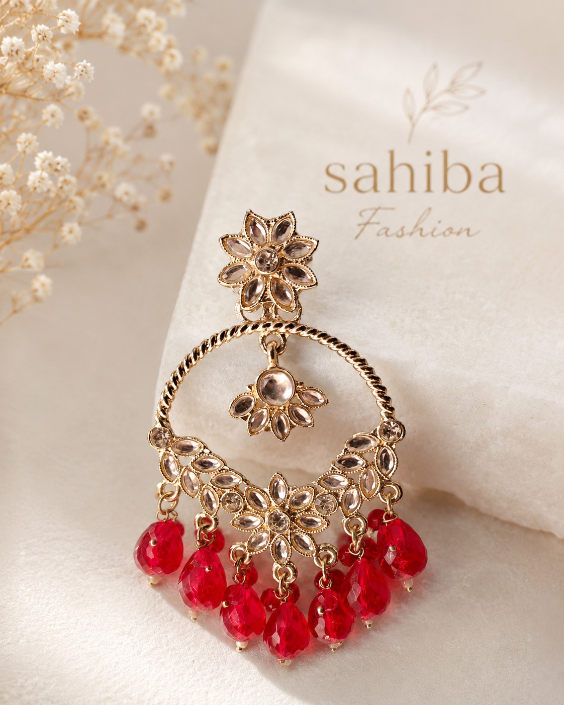 ruby red stone chandbali earrings with beads | anti tarnish party wear jhumka ruby red stone chandbali earrings with beads | anti tarnish party wear jhumka