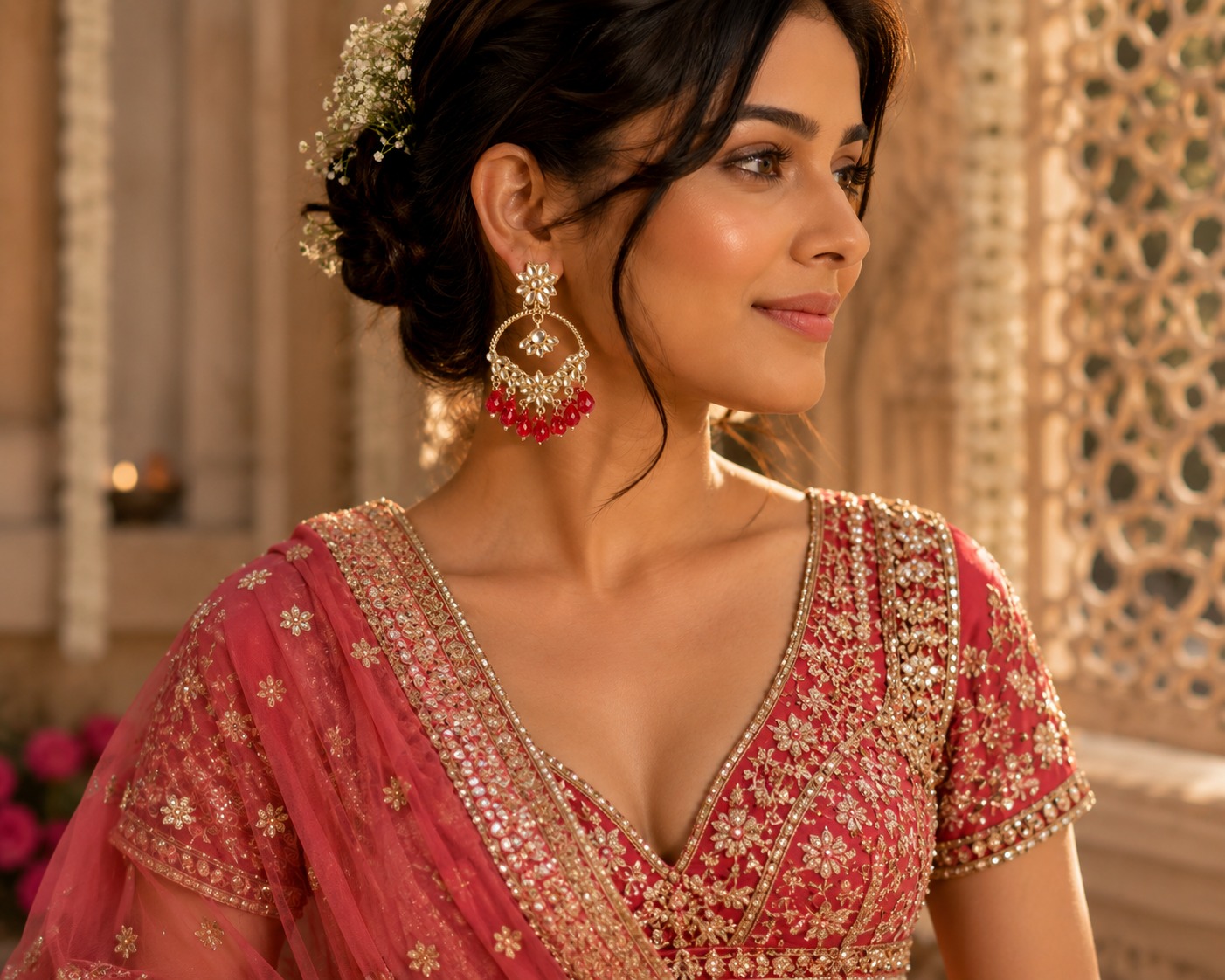 ruby red stone chandbali earrings with beads | anti tarnish party wear jhumka Indian model wearing ruby red chandbali earrings with red embroidered lehenga and blouse, traditional ethnic jewelry fashion photoshoot.