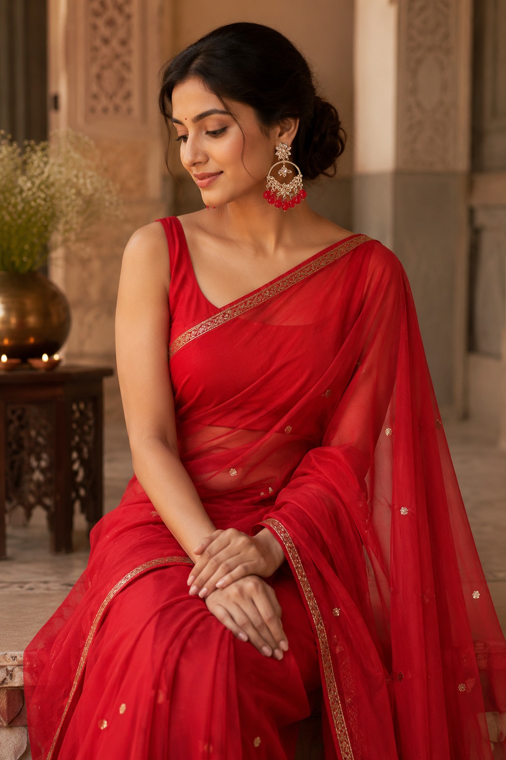 ruby red stone chandbali earrings with beads | anti tarnish party wear jhumka Beautiful young Indian woman wearing a red saree and ruby red chandbali earrings with gold floral detailing and red crystal bead drops, traditional ethnic fashion jewelry by Sahiba Fashion.