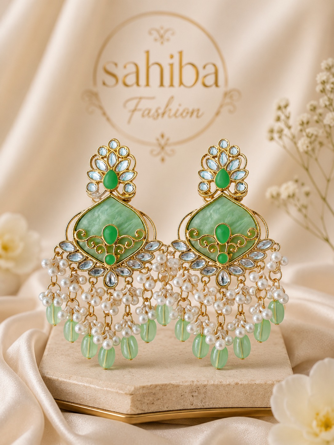 mint green stone & pearl drop statement earrings | anti tarnish festive designer earrings mint green stone & pearl drop statement earrings | anti tarnish festive designer earrings