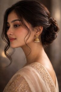 Elegant low bun hairstyle styled with traditional gold jhumkas for mature ethnic look.