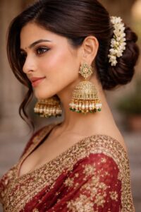 The Ultimate Guide on How to Style Jhumkas with Kurti, Jeans & Indo-Western Outfits Effortlessly Heavy bridal gold jhumkas styled with saree and bun hairstyle for wedding function