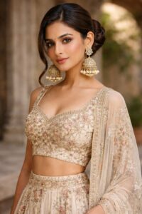 The Ultimate Guide on How to Style Jhumkas with Kurti, Jeans & Indo-Western Outfits Effortlessly Woman wearing heavy gold jhumkas with embroidered lehenga for wedding and festive styling