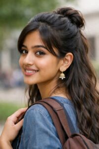 The Ultimate Guide on How to Style Jhumkas with Kurti, Jeans & Indo-Western Outfits Effortlessly College girl styling jhumkas with jeans and half-tied hairstyle for trendy casual look.