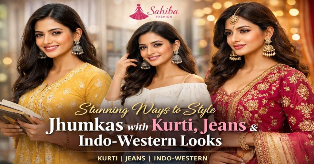 The Ultimate Guide on How to Style Jhumkas with Kurti, Jeans & Indo-Western Outfits Effortlessly Indian woman styling statement jhumkas with yellow kurti, white top and jeans, and red Indo-western outfit for college, office and festive looks