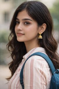 The Ultimate Guide on How to Style Jhumkas with Kurti, Jeans & Indo-Western Outfits Effortlessly Indian college girl styling traditional gold jhumka earrings with pastel kurti and casual backpack for a modern Indo-western look