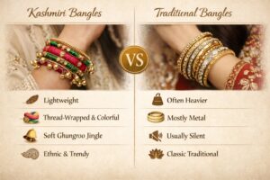 The Ultimate Guide to Kashmiri Bangles: Designs, Styling Tips & Why They Are Trending Comparison of colorful Kashmiri thread-wrapped bangles with ghungroo bells versus classic gold traditional metal bangles.