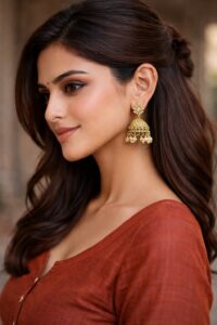 Medium sized jhumkas styled with kurti for casual outing and dinner look