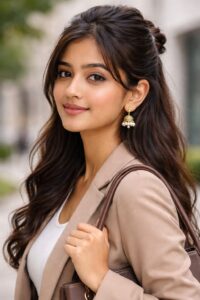 The Ultimate Guide on How to Style Jhumkas with Kurti, Jeans & Indo-Western Outfits Effortlessly Office wear jhumkas styled with blazer and Indo-western outfit for working women.