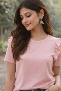 The Ultimate Guide on How to Style Jhumkas with Kurti, Jeans & Indo-Western Outfits Effortlessly Oxidized silver jhumka earrings styled with pink top and jeans for casual Indo-western outfit