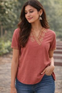 The Ultimate Guide on How to Style Jhumkas with Kurti, Jeans & Indo-Western Outfits Effortlessly image showing how to style jhumka earrings paired with rust kurti and jeans for Indo-western styling