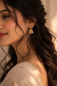 Romantic jhumka styling with loose curls and ethnic outfit for feminine festive look.