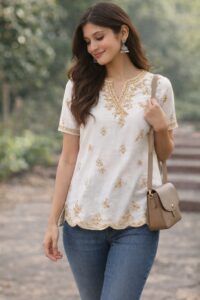 image showing how to style Silver jhumka earrings styled with white embroidered kurti and jeans for everyday ethnic wear