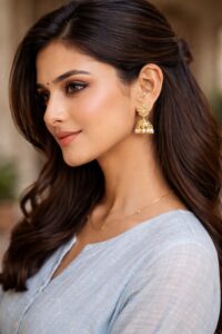 Minimal small gold jhumkas styled with simple kurti for office and daily wear