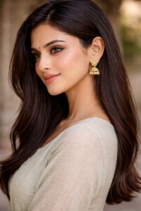 Modern way to style gold jhumkas with kurti and open straight hair for a soft elegant look.