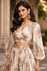 Indian woman wearing traditional jhumka earrings with floral fusion co-ord set for modern Indo-western styling