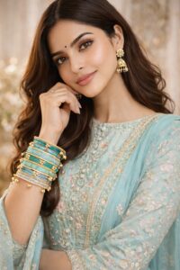The Ultimate Guide to Kashmiri Bangles: Designs, Styling Tips & Why They Are Trending Woman wearing turquoise Kashmiri bangles styled with embroidered ethnic kurti