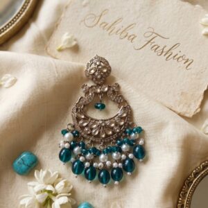 Turquoise beaded ethnic chandelier earrings with pearl accents by Sahiba Fashion