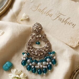 Turquoise beaded ethnic chandelier earrings with pearl accents by Sahiba Fashion