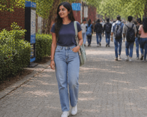A woman walking in a navy blue t-shirt and straight-leg jeans that are the correct length to sit just above her white sneakers.
