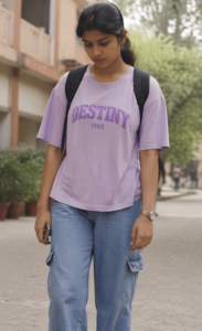 Young Indian college girl walking with slouched posture wearing casual purple t-shirt and jeans on campus
