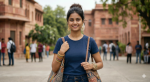 College girl wearing stylish accessories including handbag, bangles and earrings on a university campus