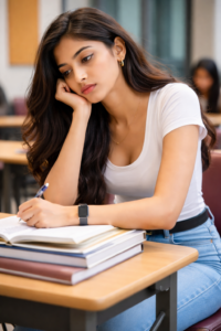 college girl with slouched back sitting on desk