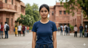 College girl wearing a basic t-shirt and jeans without accessories on campus
