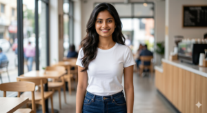 A young woman wearing a well-fitted plain white t-shirt and dark blue high-waisted jeans in a cafe setting.