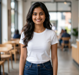 A young woman wearing a well-fitted plain white t-shirt and dark blue high-waisted jeans in a cafe setting.