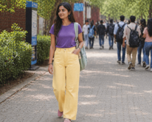 A woman wearing a professional black button-down shirt and beige pleated trousers paired incorrectly with casual rubber flip-flops while walking outdoors.