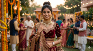 A young woman in a luxury maroon velvet lehenga choli with heavy gold embroidery and matching bridal jewelry at a wedding event.
