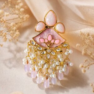 Pink pearl kundan jhumka earring with gold finish and delicate bead drops for traditional Indian wear