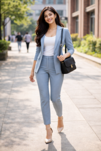 A woman walking outdoors in a perfectly tailored light blue pantsuit, white inner top, and nude pointed-toe heels.