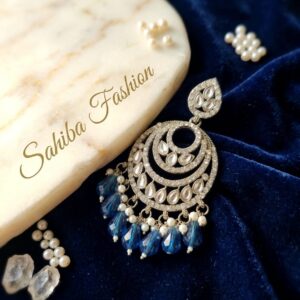 Silver-plated layered hoop earrings with white crystals and navy blue teardrop glass beads.