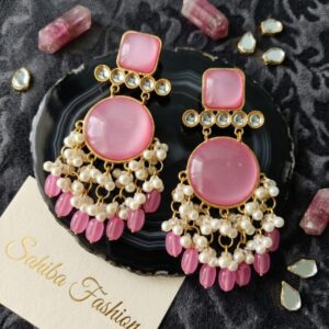 Sahiba Fashion pink kundan earrings featuring a square stud, round center stone, and white pearl bead fringe.