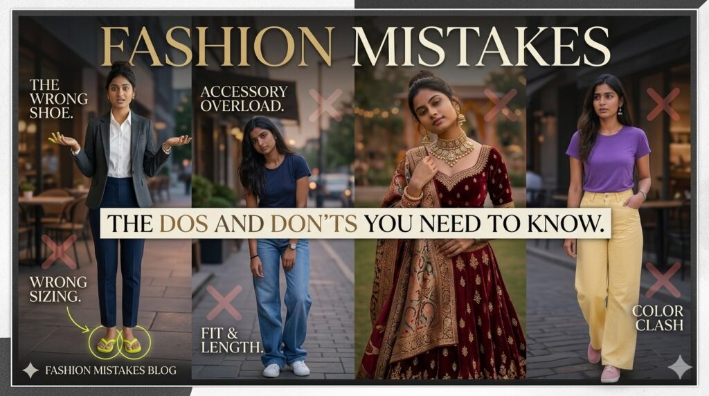A collage titled "Fashion Mistakes" showing examples of the wrong shoes with formal wear, accessory overload with a lehenga, and a color clash outfit with a "The Dos and Don'ts You Need to Know" banner.