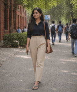 A woman wearing a professional black button-down shirt and beige pleated trousers paired incorrectly with casual rubber flip-flops while walking outdoors.