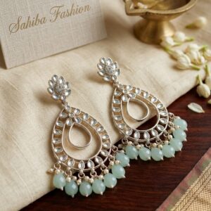 mint green teardrop statement earrings with beads anti tarnis party wear jhumka mockup 1